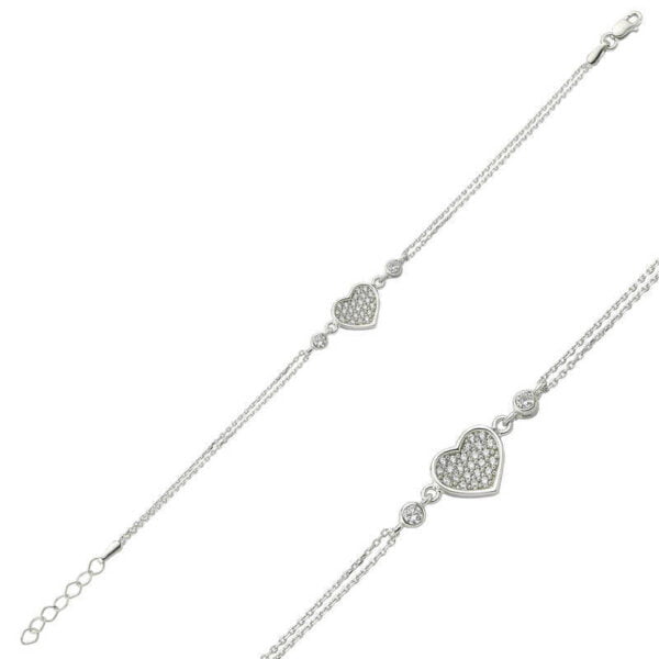 bracelet femme avec coeur incrusté de pierres et double chaine